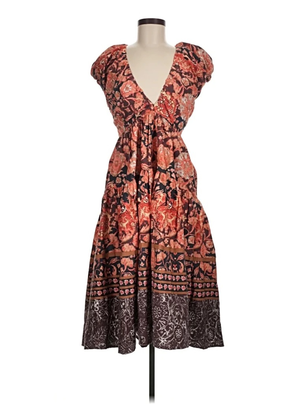 Anthropologie Floral V-Neck Midi Dress in Rust and Black